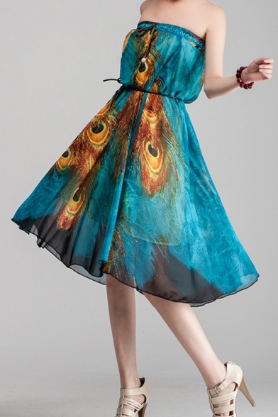 Fashion Blue Peacock Feather Tribal Printed Drawstring Waist Two-Way Maxi Flowy Skirt