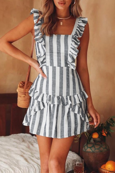 Fashion Grey and White Stripe Printed Ruffled Hem Mini Dress for Women