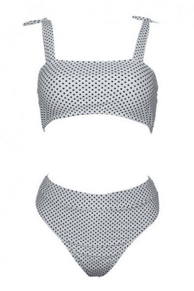 Fashion Polka Dot Printed Bow Tied Straps Sleeveless White Bikini