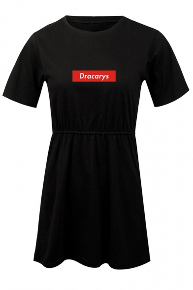 Fashion Simple Letter DRACARYS Print Short Sleeve Mini A-Line T-Shirt Dress