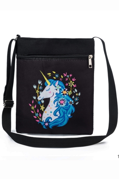 Fashion Unicorn Floral Printed Black Canvas Shoulder Messenger Bag 22.5*27 CM