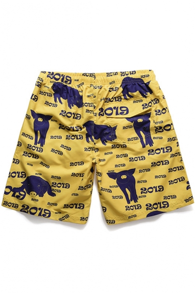 Funny Allover Pig Printed Mens Beach Yellow Board Shorts Swim Trunks