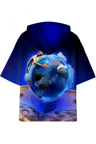 Funny Blue Figure Earth Printed Relaxed Fit Short Sleeve Hooded T-Shirt