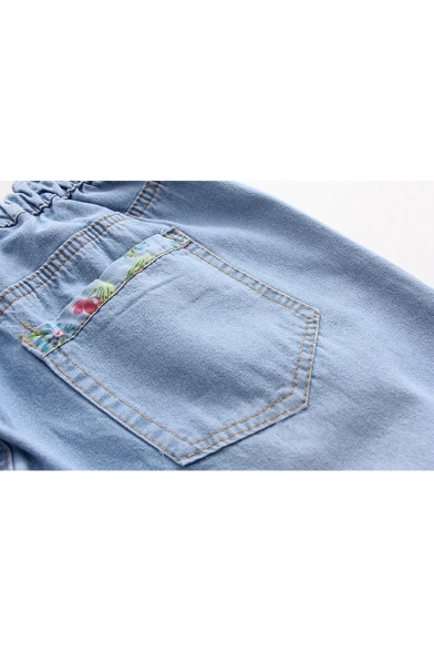 Girls Lovely Applique Drawstring Waist Rolled Cuff Light Blue Loose Fit Jeans