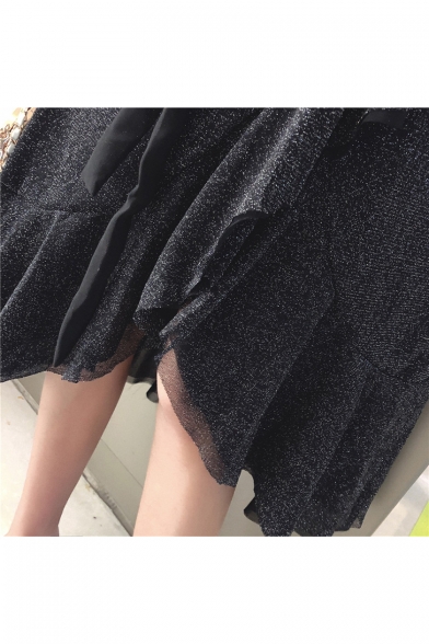 Girls Summer New Chic Fancy Glitter Sequined V-Neck Tied Waist Midi A-Line Dress