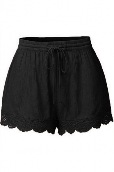 Girls Summer Simple Plain Drawstring Waist Lace Trim Relaxed Fit Shorts