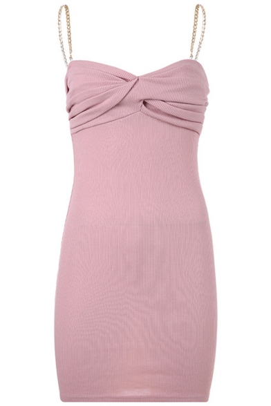 Girls Summer Unique Fashion Chain Straps Pink Bodycon Mini Cami Dress