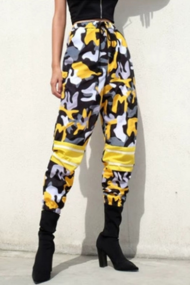 Hip Hop Street Fashion Yellow Camo Printed Drawstring Waist Sport Loose Track Pants for Women