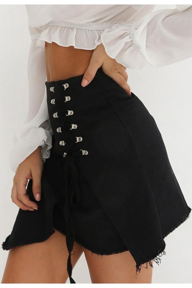 Hot Fashion Solid Color Unique Lace-Up Side Fringed Hem Mini Asymmetrical Skirt