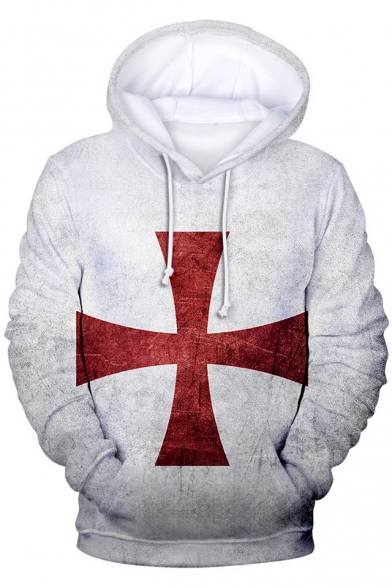 Knights Templar Cross Pattern White Loose Fit Pullover Hoodie