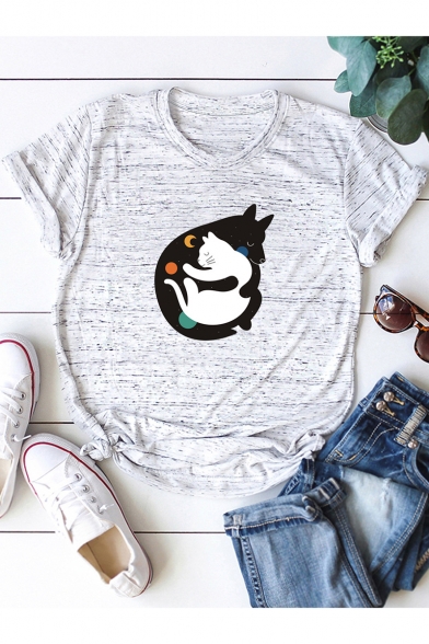 Lovely Cartoon Cat and Dog Printed Short Sleeve Round Neck Cotton T-Shirt