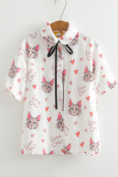 Lovely Cartoon Cat Heart Printed Short Sleeve Tied Collar White Button Down Shirt