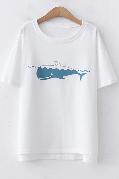 Lovely Cartoon Fish Printed Short Sleeve Loose Casual T-Shirt