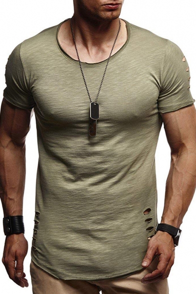 Men's Fashion Ripped Round Neck Short Sleeve Plain Fitted T-Shirt