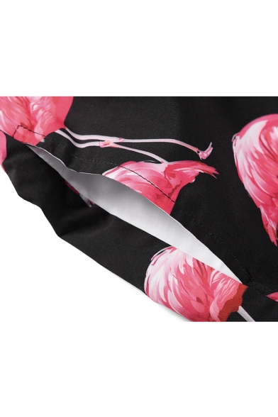 Mens Hot Fashion Allover Flamingo Printed Drawstring Waist Black Swim Shorts