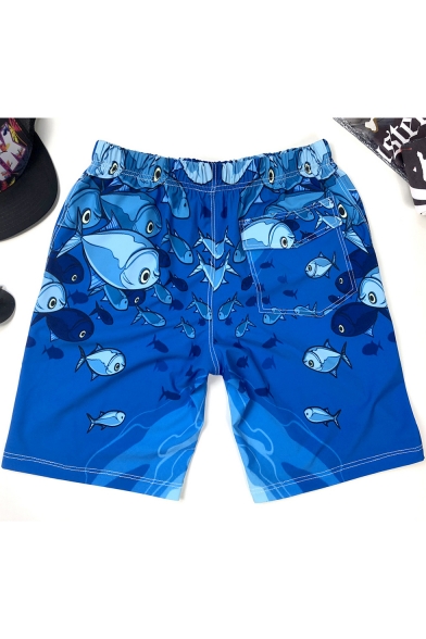 Mens Summer Blue Cartoon Fish Printed Beach Casual Loose Quick Dry Swim Shorts