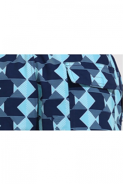 Mens Trendy Blue Geometric Printed Drawstring Waist Loose Casual Beach Swim Board Shorts