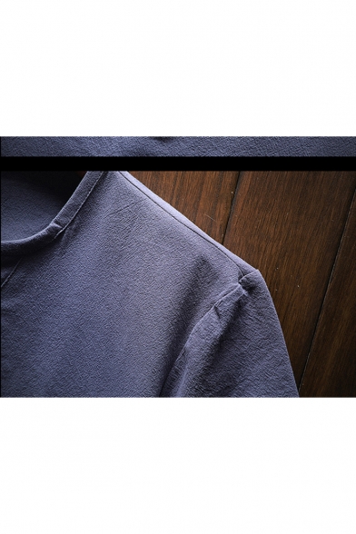 Plain Short Sleeve Round Neck Button Front Linen T-Shirt for Men