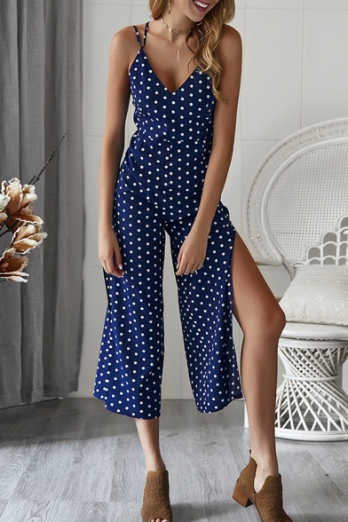 New Stylish Classic Polka Dot Printed Wide-Leg Navy Jumpsuits For Women