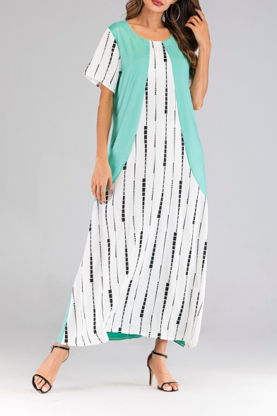 New Stylish Round Neck Light Green Contrast Maxi Short Sleeve Slim Fit Dress For Women