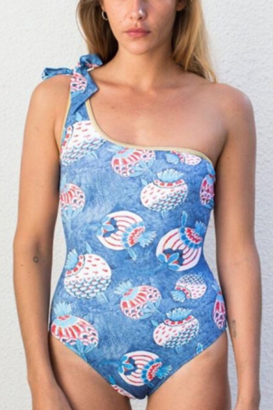 New Trendy Fashion Allover Fish Printed Knotted Strap One Shoulder Blue One Piece Swimsuit Swimwear