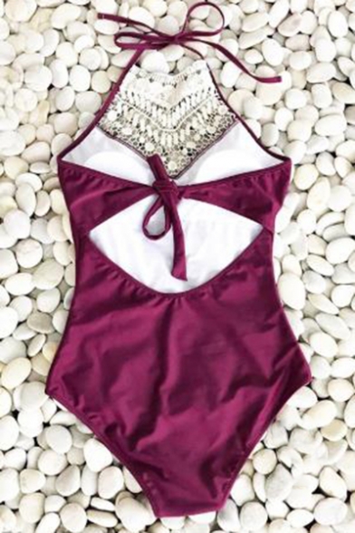 New Trendy Fashion Crochet Tassel Halter Neck Purple One Piece Swimsuit for Women