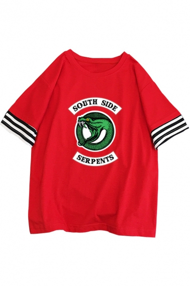 Popular South Side Snake Logo Print Striped Short Sleeve Summer Casual Tee