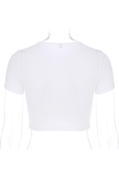 Simple Letter CUTE Floral Print Basic Summer White Crop T-Shirt
