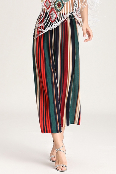 Summer Fashion Colorful Stripe Printed Elastic Waist Cropped Culottes Wide Leg Pants for Women