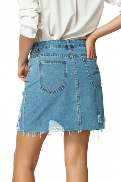 Summer Fashion Destroyed Ripped Frayed Hem Mini Blue Pencil Skirt Denim Jean Skirt