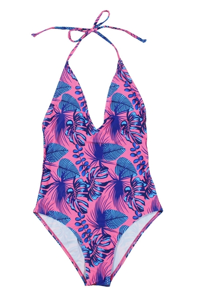 Summer Fashion Purple Leaf Printed Halter Plunged Neck High Leg One Piece Swimsuit