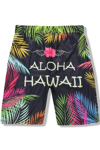 Summer Hawaii Tropical Plants Printed Drawstring Waist Black Beach Shorts Swim Trunks for Men