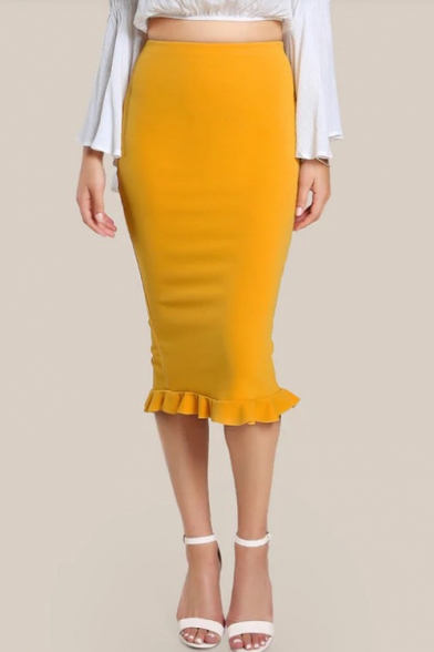 Summer Hot Fashion Solid Color Ruffled Hem Midi Pencil Skirt