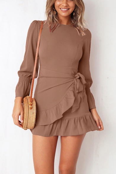 Summer Round Neck Flared Cuff Long Sleeve Solid Color Tied Ruffled Mini A-Line Dress