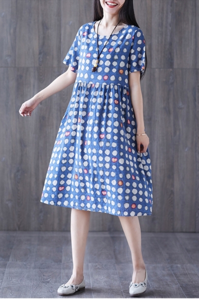 Summer Simple Polka Dot Printed Round Neck Short Sleeve Midi Linen Babydoll Dress