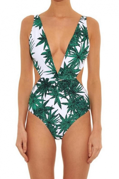 Summer Trendy Coconut Palm Leaf Printed Plunged Neck Cutout Monokini One Piece Green Swimsuit Swimwear for Women
