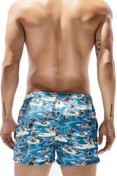 Summer Tropical Coconut Palm Printed Drawstring Waist Lounge Swim Shorts for Guys