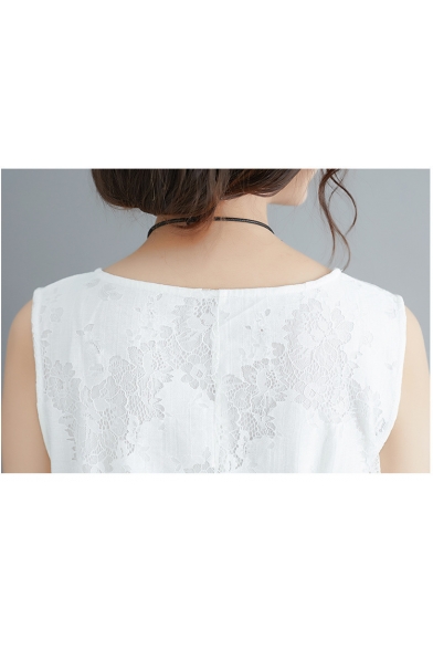 Summer Women's Basic Simple Plain Round Neck Sleeveless Maxi Lace Dress