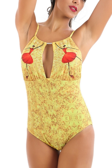 Trendy Ballet Dancer Pattern Sexy Hollow Design Womens Yellow One Piece Swimsuit Swimwear
