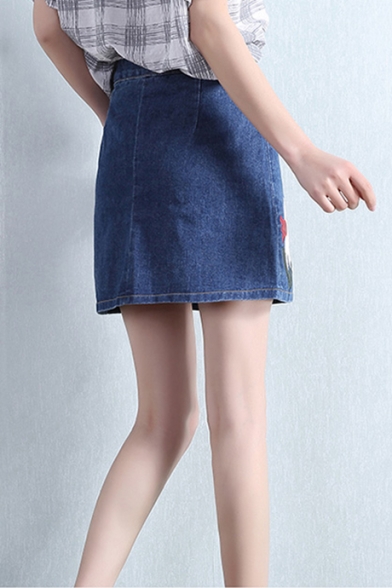 Trendy Floral Embroidery Button Down High Rise Blue Mini A-Line Denim Skirt
