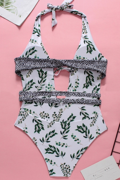 Trendy Green Leaf Printed Sexy Plunged Neck Strappy Cutout White One Piece Swimsuit Swimwear