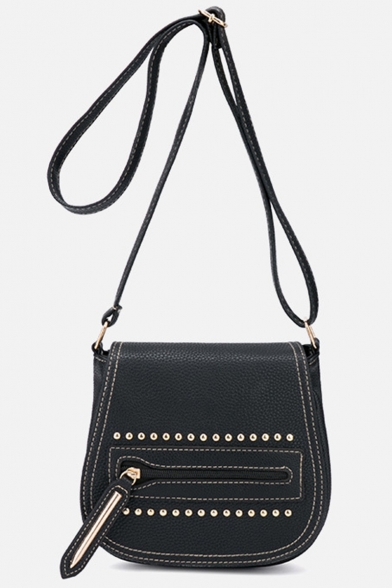 Trendy Plain Zipper Rivet embellishment Crossbody Saddle Bag 20*8*18 CM