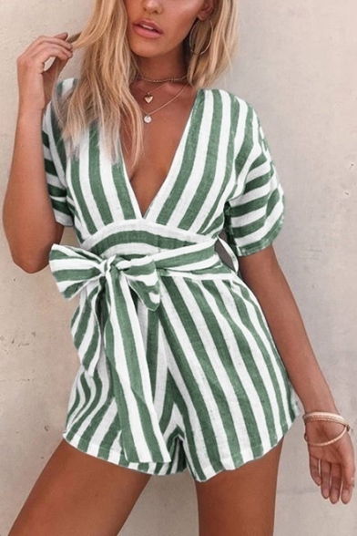 Trendy Stripe Printed Sexy Plunged V-Neck Bow Tied Waist Short Sleeve Playsuit Rompers