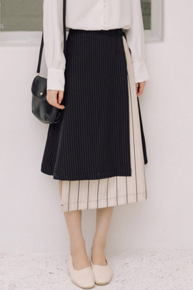 Trendy Striped Pattern Patched Detail Bow-Tied Side High Rise Midi A-Line Skirt