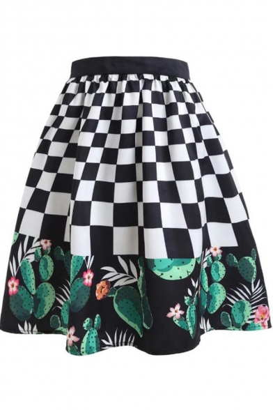 Unique Black and White Plaid Cactus Printed Vintage Midi A-Line Swing Skirt