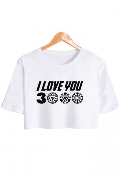 Unique Letter I LOVE YOU 3000 Short Sleeve Round Neck Casual Cropped Tee for Women