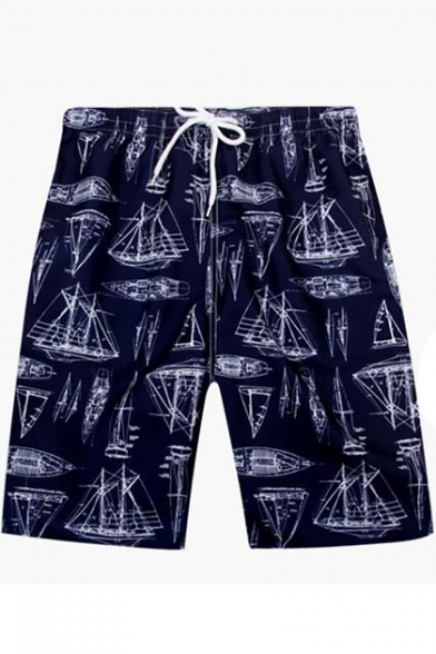 Unique Sailing Boat Printed Quick Dry Mens Beach Shorts Navy Swim Trunks