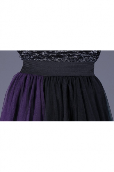 Unique Stylish Colorblock Gathered Waist Midi A-Line Pleated Asymmetrical Mesh Skirt
