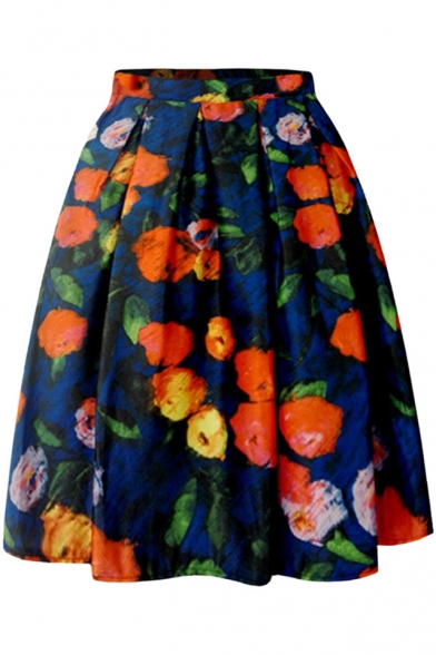 Vintage Blue Floral Printed Fashion A-Line Flared Pleated Skirt