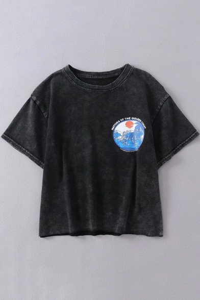 Vintage Destroyed Washed Golden Coast Summer Short Sleeve Black T-Shirt